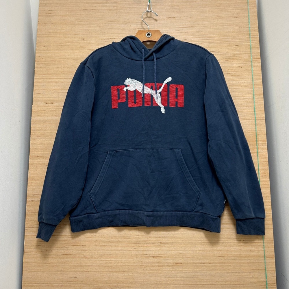 Puma Mens Navy Blue Embroidered Big Logo Pullover Hoodie Sweatshirt Medium
